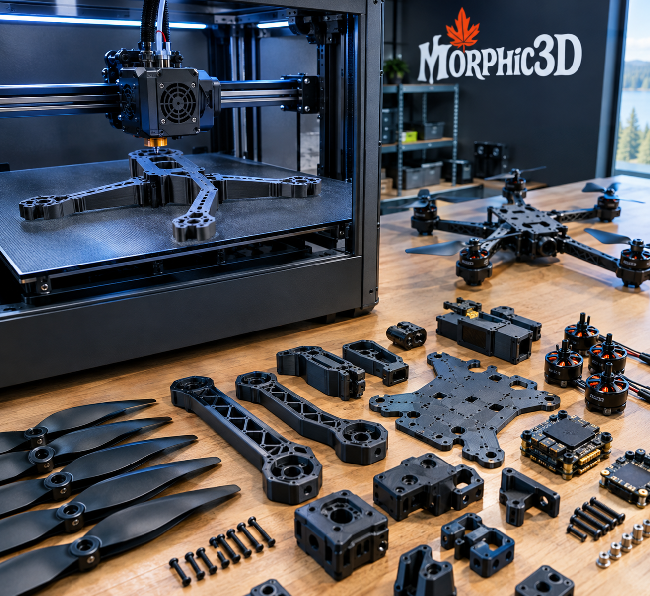 Morphic3D 3D-printed UAV frame components, housings and mounts on a workbench
